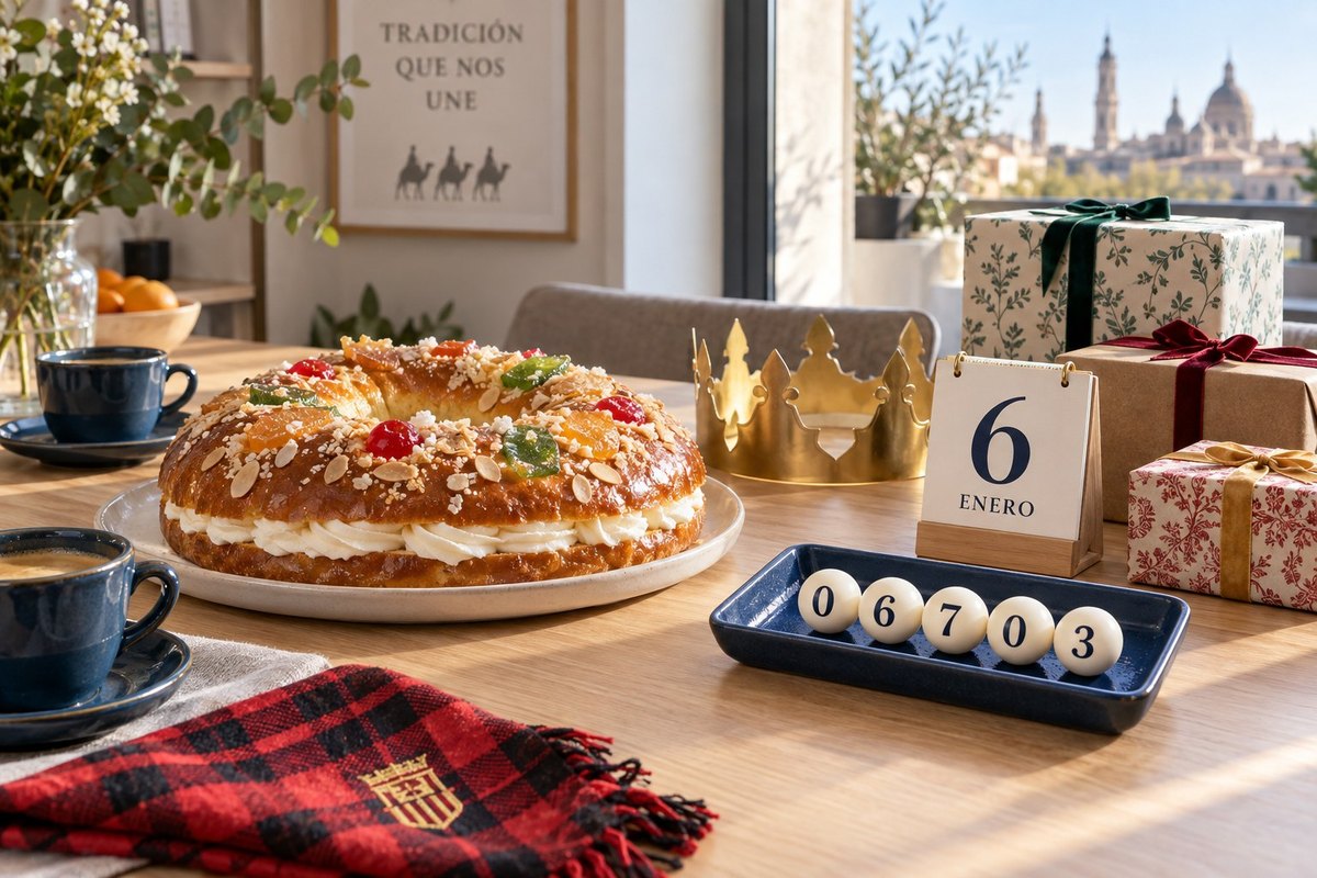 Rosc&oacute;n de Reyes, calendario del 6 de enero y d&eacute;cimos del Sorteo del Ni&ntilde;o en una mesa de Zaragoza